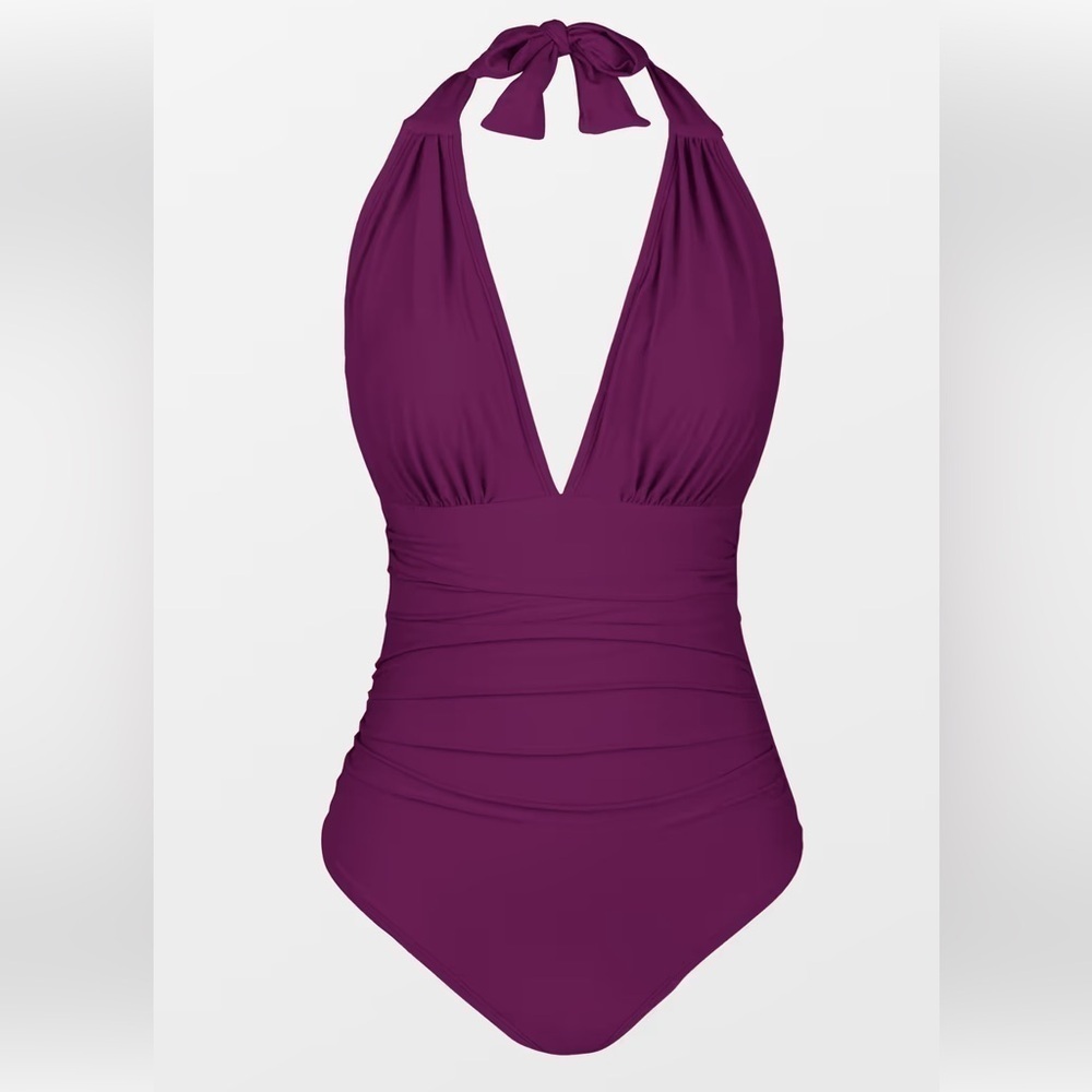 NWT Cupshe Wine Ruched Halter Tummy Control One Piece Swimsuit beach resort M